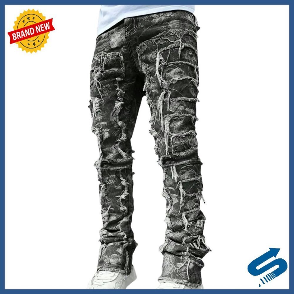 Men's Skinny Ripped Denim Jeans Slim Fit Y2K Goth Streetwear Pants